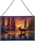 Moose Wading Through Shimmering Lake Rectangular Stained Glass Suncatcher – Hanging Window Panel with Animal & Nature Scene – Vibrant Glass Art Gift for Wildlife, Fantasy, Nature Lovers Id2VhA by Custom