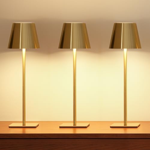 UME 3 Pack Cordless Table Lamp, Battery Operated Lamp - Portable Waterproof Rechargeable Table Lamp w/ 3 Color Temps & Stepless Dimming for Dinner, Desk, Cafe, Outdoor (Brushed Gold) by UME