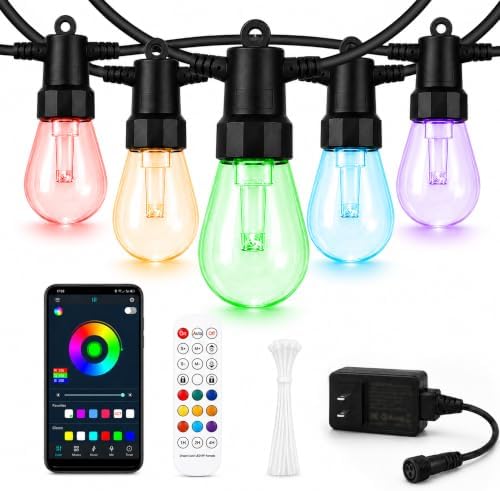 Outdoor String Lights, 50FT RGBW Color Changing Patio Lights with Remote and APP, Dimmable IP65 Waterproof Shatterproof LED Lights for Backyard Garden Party Decor by VoxCynHue