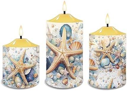 Cozeyat Flameless LED Candles Battery Operated, Summer Starfish Beach Scenery Design 4/6H Timers Flickering Realistic Pillar Tealights Set of 3, Waterproof Candles Home Decor - Image 2