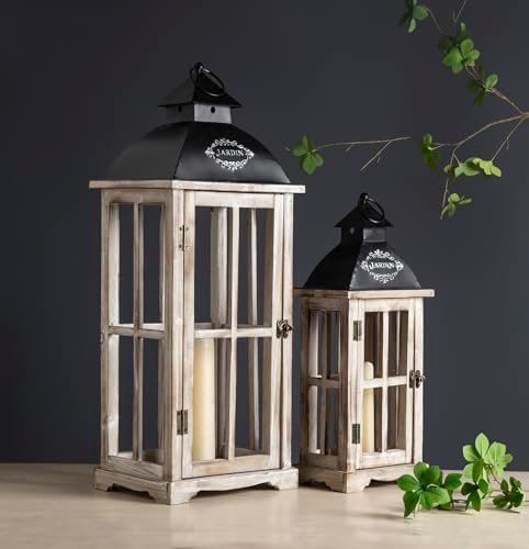 Set of 2 Large Decorative Wooden Metal Lanterns, Farmhouse Rustic Floor Candle Lanterns, Indoor/Outdoor Hanging Lanterns for Home Decor (No Glass) - Image 2