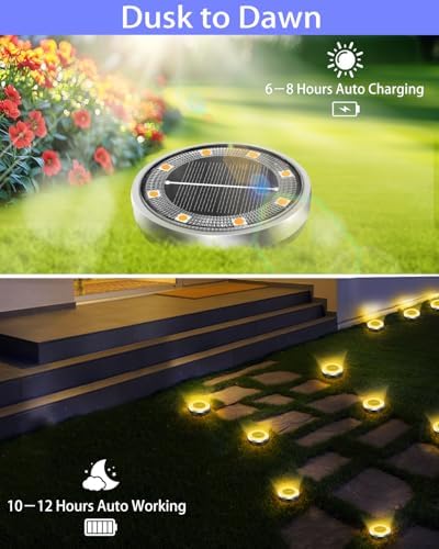 Solar Lights Outdoor Waterproof, 18 Pack 8 LED, Thickened Stainless Steel Ground Light, Solar Garden Lights Landscape Lighting for Patio Pathway Lawn Yard Deck Driveway Walkway, Warm White - Image 4