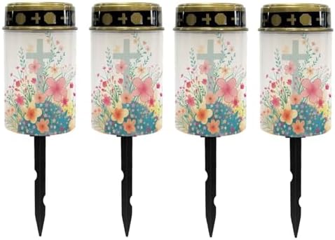 Poceacles Cross Solar Cemetery Lights Outdoor Waterproof LED Fake Candle Solar Cemetery Decorative Lights Walkway Lights Landscape Lighting for Home Outdoor Decor, Cute Flower Cross, Pack of 4 by Poceacles
