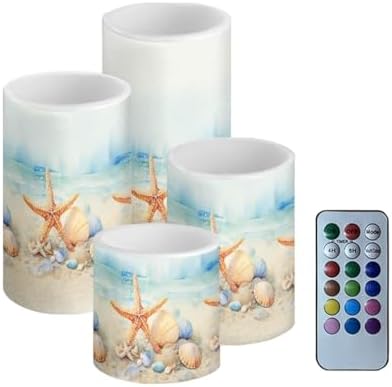 4 Pack 5.7" x 3" Battery Operated Candles with Timer Flameless LED Candles with Remote for Outdoor Porch Electric Fake Plastic Pillar Lights Bulk, Coastal Starfish by Merkmak