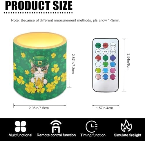 St Patrick's Day Shamrocks Cats Battery Operated Flameless Candles with Remote and Timer Flameless LED Pillar Candles for Party, Banquet, Home Decoration Battery Tealights - Image 3