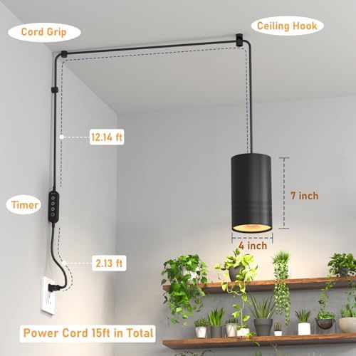 40W Plant Lights for Indoor Growing, Hanging Plant Lamp for Indoor Plants, Large Tall Plant, Garden, Flowers, Greenhouse, with Timer and 15ft Braided Cord, 3000K Full Spectrum, COB Bulb Aluminum Black - Image 5