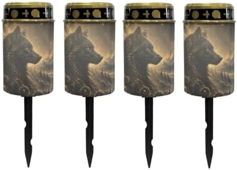 Poceacles Solar Pathway Lights Outdoor Grave Solar Lights Outside Waterproof Cemetery Flameless Candles Outdoor Grave Candle Markers Eternal Decor, Wolf Print Black Gold, 4 Pcs by Poceacles