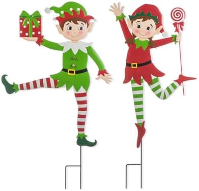 Glitzhome Set of 2 Metal Dancing Elf Yard Sign with Stake, 35.75" H Christmas Decorative Wall Hanging Decoration for Garden Home Lawn Pathway Walkway by Glitzhome