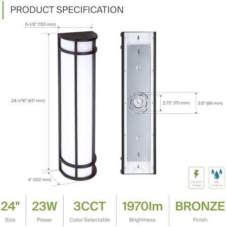 ASD LED 24" Half Cylinder Wall Light, Outdoor Patio Sconce | 3CCT, Stainless Steel, Waterproof, Energy Star, ETL Listed | 24W 1970LM 3000-5000K 100-277V | Exterior Lighting | Dark Bronze, 4 Pack - Image 2