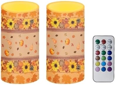 Set of 2 Flameless Candles with Remote Sunflower Maple Leaves Battery Operated Candles with Timer Flickering LED Elictric Pillar Lights for Autumn Theme Home Decor by Merkmak