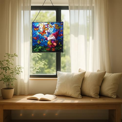 Gnome with Butterfly Friends Stained Glass Suncatcher – Square Hanging Window Panel for Home or Greenhouse – Whimsical Glass Art Gift for Garden Lovers, Christmas, Halloween, Father Days hacxzw - Image 7