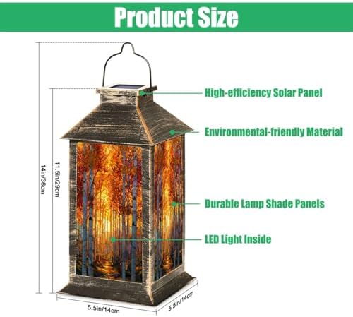 Solar Lantern Autumn Fall Forest Stained Glass Window Birch Tree Maple Leaves Outdoor Garden Hanging Lantern Waterproof Solar Powered Lighting Outside Table Lamp for Deck Yard Camping Patio Decor - Image 2