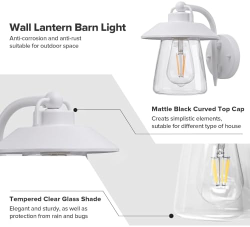 LUTEC 2 Pack Outdoor Indoor Wall Lantern, Farmhouse Barn Wall Sconce Lighting Fixture,Aluminum Anti-Rust Wall Mount Light, Waterproof Wall lamp with Clear Glass for Porch, Exterior, Patio-White - Image 3