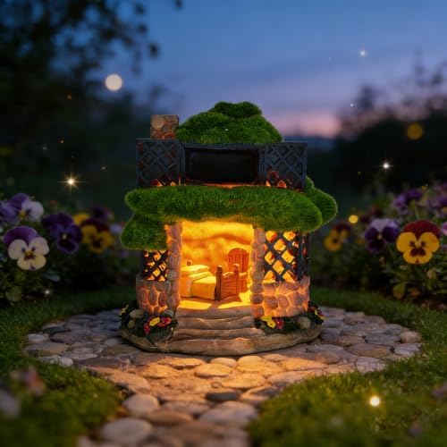 COWOS Solar Powered Fairy House Garden Statue, Resin Miniature Moss Stone Cottage with LED Lights, Outdoor Fairy Garden Figurine Ornament for Patio Yard Lawn Flower Bed Decor, Gift for Garden Lovers - Image 5