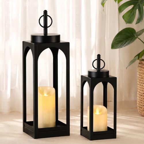 18" 13" Decorative Lanterns Set of 2, Black Outdoor Lanterns with Candles by MATAHUMbeyourbetterchoice