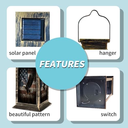 Solar Lantern Cinematic Eagle Gliding Vintage Wooden American Flag Outdoor Waterproof Garden Hanging Lantern Solar Powered Lighting Outside Table Lamp for Patio Deck Camping 1 Pack - Image 4