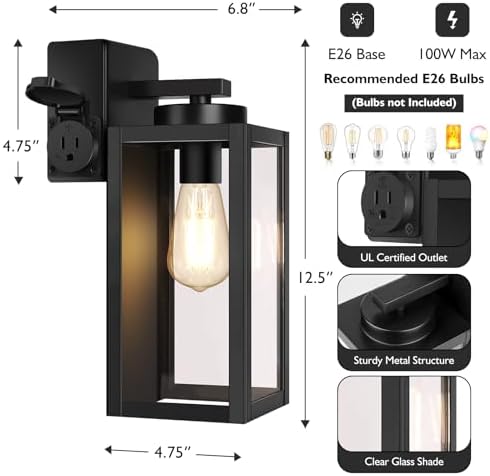 BesLowe Porch Lights with Outlet, Modern Outdoor Wall Light Fixtures, Black - Image 5