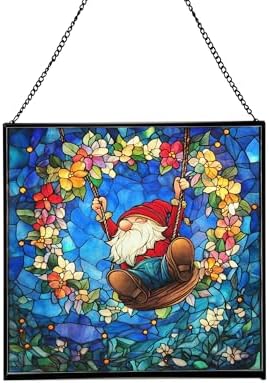 Wreath Swing Gnome Stained Glass Suncatcher – Square Hanging Window Panel for Home or Greenhouse – Whimsical Glass Art Gift for Garden Lovers, Christmas, Halloween, Father Days bAVpEF by Custom