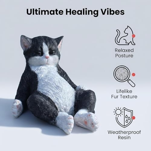 Cat Statue Outdoor Cat Figurines Garden Decor, Black & White Cat Statue Figurine Decor Sculpture for Patio, Yard, Resting Tuxedo Cat Statues for Indoor Table Accessory, Gift for Mom & Cat Lovers - Image 4