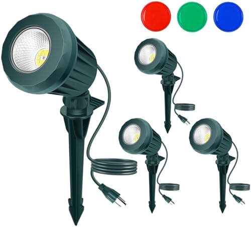 Halloween & Christmas Outdoor Spotlight, 2700K Warm White LED Landscape Spot Lightswith RGB 3 Lenses, IP67 Waterproof, 120V Plug-in for Yard, Garden Tree Holiday Decor (4 Pack, Green) by Holeva