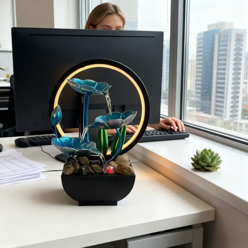 AOZITA Tabletop Fountain, Indoor Waterfall Fountain, Small Home Décor Zen Relaxation Soothing Sound Machine for Office, Living Room, or Bedroom,Blue Metal Lotus with Bud, River Rocks,Round LED - Image 3
