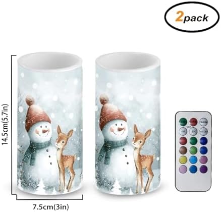 Flameless Candles Bulk Set of 2 Flickering Battery Operated Candles with Remote and Timers Christmas Snowman Deer Print Battery Tealights for New Year Party Decoration LED Pillar Lights - Image 2