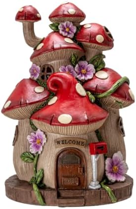 Pacific Giftware Toadstool Mushroom House Statue with LED Light Up Feature Red Polka Dot Cap Design and Floral Accents Resin Fairy Garden Decor or Indoor Fantasy Display 9.84" Tall by PacificGiftware