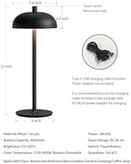 12" Cordless Table Lamps Set of 2, Black Modern Portable Desk Lamp - Image 5