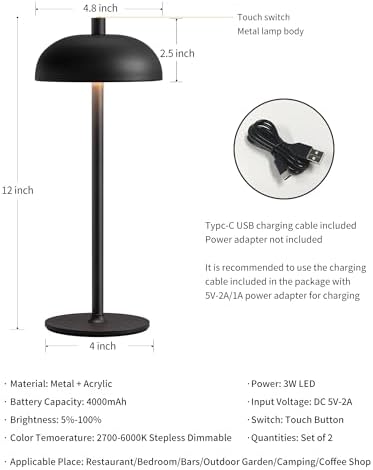 12" Cordless Table Lamps Set of 2, Black Modern Portable Desk Lamp - Image 5