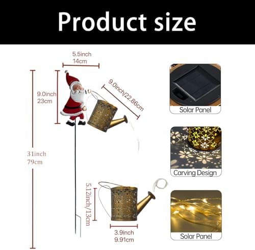 Solar Santa Clause Watering Can Lights, Christmas Solar Kettle Lights Garden Lawns Decorative Light Solars Christmas Decorations Hanging Metal Santa Kettle Light for Garden Patio Pathway Yard - Image 5