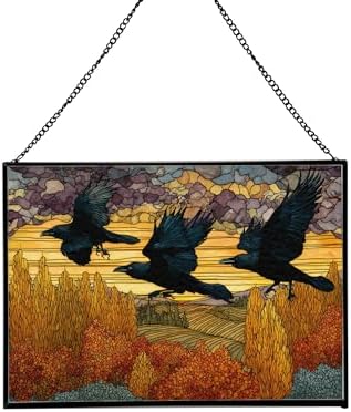 Crows Flying Over Autumn Orchard Rectangular Stained Glass Suncatcher – Hanging Window Panel with Animal & Nature Scene – Vibrant Glass Art Gift for Wildlife, Fantasy, Nature Lovers 7dAAVL by Custom