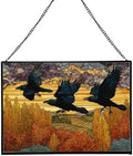Crows Flying Over Autumn Orchard Rectangular Stained Glass Suncatcher – Hanging Window Panel with Animal & Nature Scene – Vibrant Glass Art Gift for Wildlife, Fantasy, Nature Lovers 7dAAVL by Custom