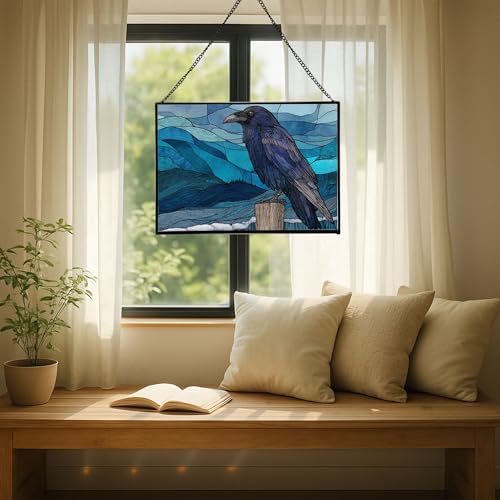 Raven Sitting on Frosted Fencepost Rectangular Stained Glass Suncatcher – Hanging Window Panel with Animal & Nature Scene – Vibrant Glass Art Gift for Wildlife, Fantasy, Nature Lovers h4ByMG - Image 7