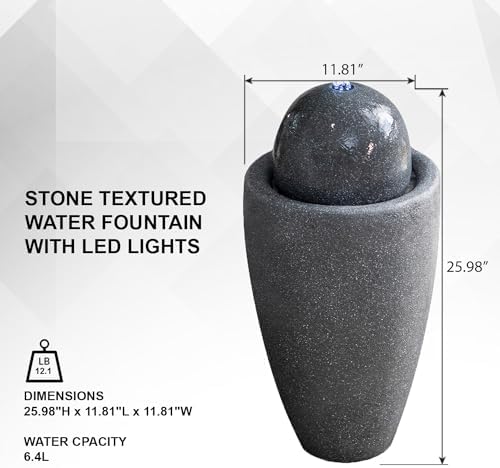 XBrand 26" Modern Sphere Water Fountain with LED Light – Indoor Outdoor Stone Texture Floor Fountain, Zen Bubbling Ball Water Feature for Garden Patio Porch - Gray - Image 6