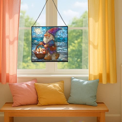 Shell Collector Gnome Stained Glass Suncatcher – Square Hanging Window Panel for Home or Greenhouse – Whimsical Glass Art Gift for Garden Lovers, Christmas, Halloween, Father Days dc1aKu - Image 5