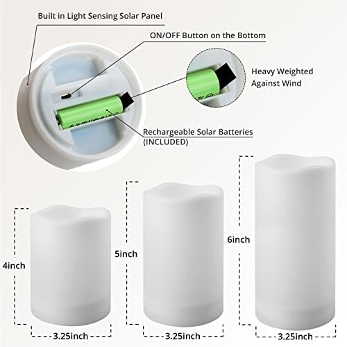 NURADA Large Outdoor Solar Powered Candles - Flameless Pillar Waterproof Rechargeable Candle Set, White Resin, LED Light,Rechargeable Solar Battery Included, for Patio Decor, 3.25"x4"5" 6" - Image 5