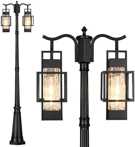 PARTPHONER Modern Outdoor Lamp Post Light 2-Head, Hardwired Street Light Post for Outside Metal Pole Light Outdoor Lighting with Water Glass Shade for Garden Patio Backyard Walkway Driveway by PARTPHONER