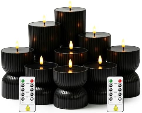 9 Pcs Ribbed Flameless LED Pillar Candles with Remote, Battery Operated Flickering Fake Candles for Wedding Fireplace Halloween Christmas Decor, Black by Xavnero