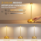 Kakanuo Rechargeable Cordless Table Lamp, Battery Operated Lamps, 3-Color Stepless Dimming, Portable Wireless Desk Lamp, LED Lighting for Dining Room, Restaurant, Office, Bar, Home(Gold 2 Pack) - Image 4