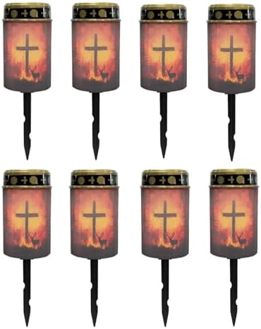 Poceacles Cross Outdoor Lights Pack of 8 Solar Powered Flameless Candle Cemetery Votive Candles Waterproof Outdoor Memorial Candle Solar Stake Lights for Grave Cemetery, Deer Cross Flame Forest by Poceacles
