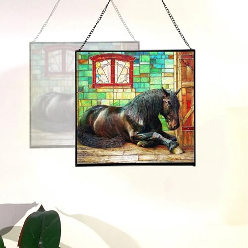 Black Shire Horse Resting Under Stable Eaves Square Suncatcher – Stained Glass Style Window Panel with Pastoral Scene, Custom Decorative Hanging Art for Equestrian Home, Christmas Ao6ker - Image 4