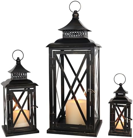 3PCS (20’’&13’’&9’’) Lanterns Decorative Indoor & Outdoor, Vintage Metal Frame Candle Holders for Front Porch, Patio, Pathway, Balcony, Garden, Yard Decor, Halloween Christmas Decorations by DECORKEY