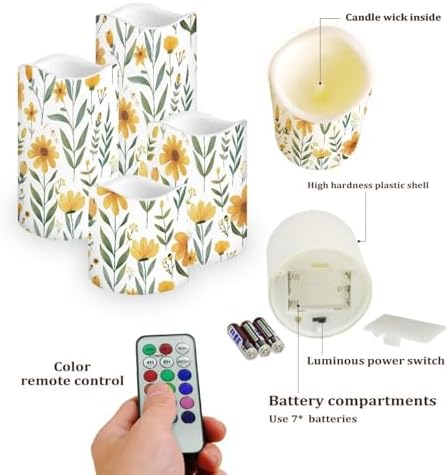 Yellow Floral Pillar Candles Battery Operated Color Changing Flameless Candles with Remote Timer LED Candles with Flickering Flame Indoor Outdoor Home Table Wedding Decor Set of 4 - Image 3