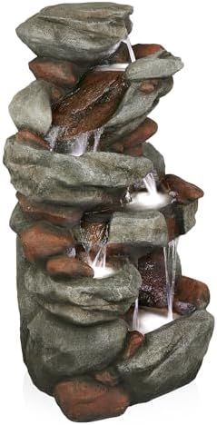 Alpine Corporation WIN1548 Outdoor Floor Cascading Stone Fountain with LED Lights, Tiered Garden Water Fountain, 53" H, Gray - Image 2
