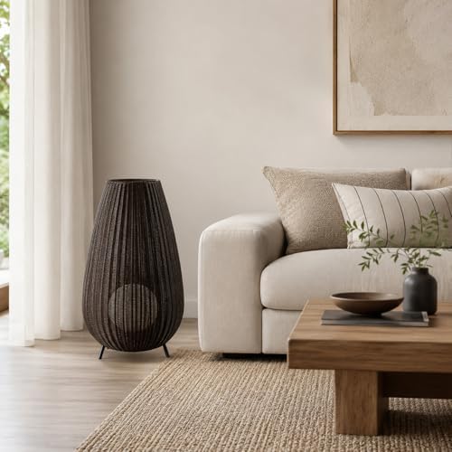 Outdoor Rattan Floor Lamp,Coffee Wicker Lampshade,for Patio and Garden - Image 3