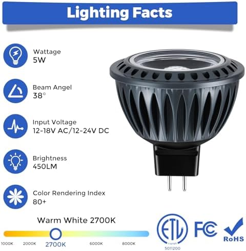 Gardencoin MR16 LED Light Blub, 5W 2700K Warm White 450 Lumens Dimmable, Aluminum Housing, Low Voltage 12V Input,GU5.3 bi-pin Light Bulbs for Landscape &Accent Lighting, Indoor/Outdoor Use,12-Pack - Image 2
