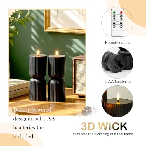 9 Pcs Ribbed Flameless LED Pillar Candles with Remote, Battery Operated Flickering Fake Candles for Wedding Fireplace Halloween Christmas Decor, Black - Image 6