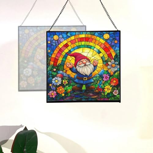 Gnome Under Rainbow Arch Stained Glass Suncatcher – Square Hanging Window Panel for Home or Greenhouse – Whimsical Glass Art Gift for Garden Lovers, Christmas, Halloween, Father Days EA6rv4 - Image 4