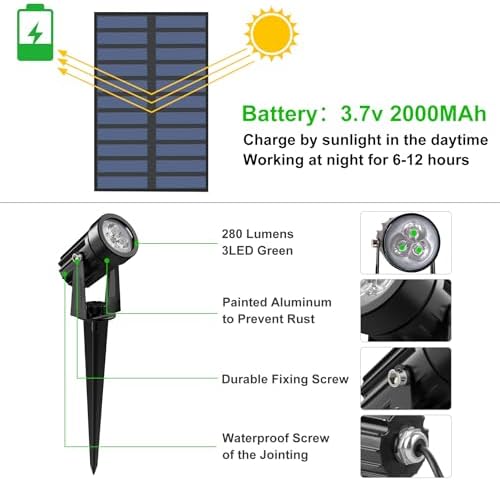 Green Solar Spot Lights Outdoor, 2 Pack Solar Landscape Spotlights IP65 Waterproof 9.8ft Cable, Auto On/Off Outdoor Wall Lights for Garden Yard Driveway Porch Walkway Pool (1-in-1) - Image 3
