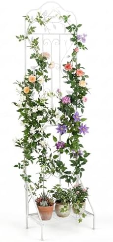 Giantex Metal Garden Trellis for Climbing Plants, 75" x 20" Outdoor Rose Trellis w/Foldable Bottom Shelf, Freestanding Plant Support for Vines, Flowers, Vegetables & Fruits, Patio Lawn Garden, White by Giantex